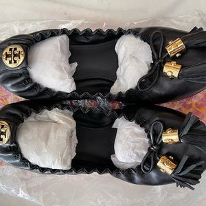 Tory Burch Leather Tassel Accents Ballet Flats (Black/Gold) - US 6.5